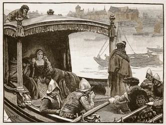 Catherine Howard kuljetetaan Toweriin, kuvitus Cassells Illustrated History of Englandista (seepiakuva)