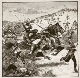 Charge of the Scots at Homildon Hill, kuvitus Cassells Illustrated History of Englandista (seepiakuva)