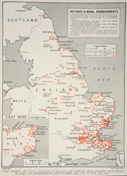 Kaavio, joka näyttää tarkat paikkakunnat Englannissa ja Skotlannissa, jotka kärsivät vihamielisistä ilmaiskuista ja pommituksista 16. joulukuuta 1914 - 17. kesäkuuta 1918 1918-1919