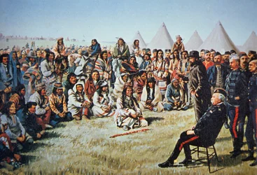 Poundmakerin päällikkö antautuu kenraali Middletonille vuoden 1885 luoteiskapinan aikana (värilitho)