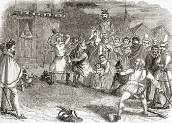 Kukonheitto, joka tunnetaan myös kukon säikyttämisenä tai kukoilla heittämisenä, teoksesta Old England: A Pictorial Museum, julkaistu 1847