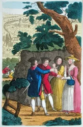 Eversti Jack ryöstää Mary Smithiä, kuvitus 1822 julkaistusta kirjasta "Julkituimpien moottoritiemiesten ja katuryöstöjen elämät ja seikkailut..." (värilitho)