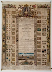 Muistokartta, jossa on ranskalaisilta Blenheimin taistelun jälkeen vangitut standardit, n. 1704 (väriviivakaiverrus)