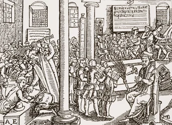 Nykyaikainen puupiirros Tudor-koulusta
