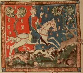 Cott Claud D II f.113 King John metsästää, julkaisusta "Liber Legum Antiquorum Regum", n. 1321 (vellum)