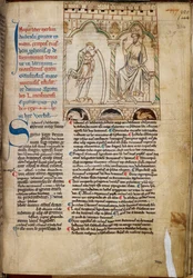 Cotton Claudius B. VII, f.224 Poika Merlin profetoimassa kuningas Vortigernin edessä, kuva julkaisusta "Prophecies of Merlin", kirjoittanut Geoffrey of Monmouth, n. 1250 (vellum)