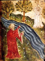 Cotton Nero Ms A X, f. 42 Unelmoija helmiäidon kanssa, n. 1375-1400 (vellum)