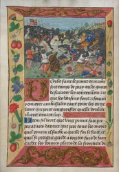 Puuvilla Vespasianus A xvii, f.13v, Englannin kuningas valkoisen hevosen selässä, jahtaamassa pakenevaa Ranskan kuningasta, Robert de Balsac