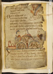 Cotton Vitellius A. XV, fol. 105, kultainen viiniköynnös; kolme keskustelevaa ihmistä, jotka edustavat hyväntahtoista kansaa, joka hallitsee Punaistamerta, mistä parhaat helmet löytyvät, kuvitus Beowulfista, ”Nowell-koodeksista”