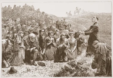Covenanters palvomassa Whitadderin rannoilla, kuvitus James Aitken Wylien (1808-1890) Protestantismin historiasta, pub. 1878