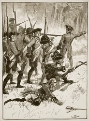 Kenraali Braddockin tappio intiaanien väijytyksessä, 1755, kuva Cassells Illustrated History of Englandista (seepiakuva)