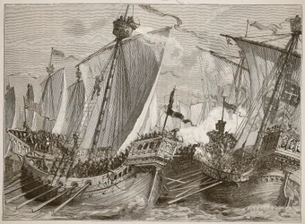Ranskan laivaston tappio Englannin kanaalissa, kuvitus Cassells Illustrated History of Englandista (seepiakuva)