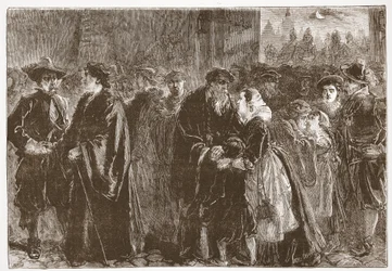 Karkotettujen ministereiden lähtö Kuttenbergistä, kuvitus James Aitken Wylien (1808-1890) teoksesta The History of Protestantism, pub. 1878