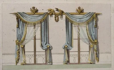 Ikkunaverhojen malli, levy 64, Ackermannin taidekirjasto, julkaistu 1814 (värilitrokuvaus)