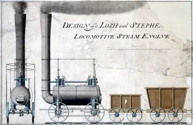 Losh and Stephenson Locomotive Steam Enginen suunnittelu, n. 1826 (kynä ja muste ja pesu paperille)