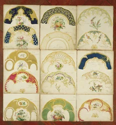 Suunnitelmat posliinilautasille Daniel Factorylle, Staffordshire, n. 1846 (wc ja guassi paperille)