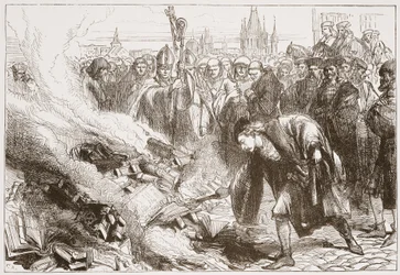 Wicliffen teosten tuhoaminen Prahassa, kuvitus James Aitken Wylien (1808-1890) Protestantismin historiasta, pub. 1878