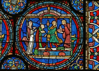 Yksityiskohta Miracle Window -ikkunasta, jossa Audrey of Canterbury ottaa parantavaa vettä