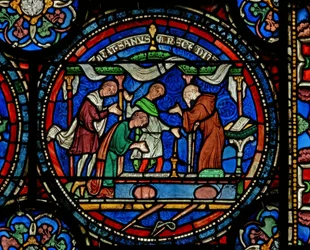 Yksityiskohta Miracle Window -ikkunasta, jossa Mad Henry of Fordwich kiittää parantumisestaan
