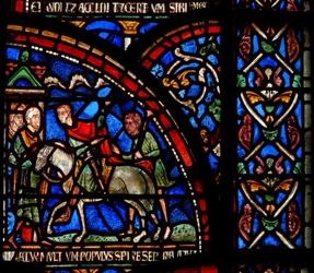 Yksityiskohta Miracle Window -ikkunasta, joka kuvaa kohtausta William of Gloucesterin pelastamisesta