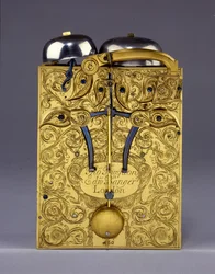 Yksityiskohta Barnard Tompionista, Tompion ja Banger, Lontoo, nro 460, iskevä kulmakello, n. 1708
