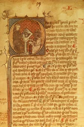 Yksityiskohta koristekirjeestä 1300-luvun käsikirjoituksessa. Duns Scotus luennoi opiskelijoilleen