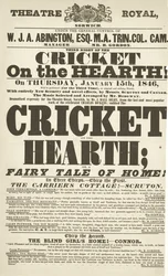 Dickens playbill: The Cricket on the Hearth at Theatre Royal, Derby, 15. tammikuuta 1846