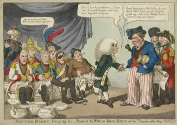 Tohtori Boney_tuo Powers to Pot tai John Bull ja hänen ystävänsä melko ujo pubi. 1808 (käsinvärinen kaiverrus)