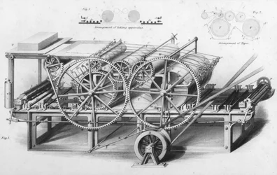 Kaksisylinterinen painokone Cyclopaedia of Useful Arts & Manufacturesta, toimittanut Charles Tomlinson, noin 1880-luku