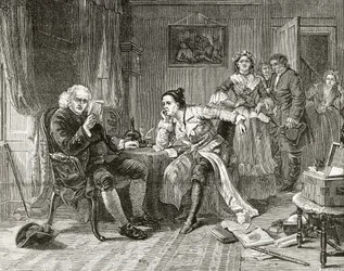 Tohtori Samuel Johnson lukee "The Vicar of Wakefieldin" käsikirjoitusta "London Pictures: Drawn with Pen and Pencil" -julkaisusta, pastori Richard Lovett, julkaistu 1890 (litho)