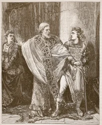 Dunstan vetää Edwyn pois Elgivan luota, kuvitus Cassells Illustrated History of Englandista (seepiakuva)