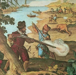 Alankomaalaiset merimiehet aseistettuina tulitikkumusketeilla, ampuvat kameleja alusten varastoimiseksi (käsinvärinen kaiverrus)