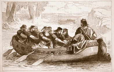 Kahdeksan sivupuolen prinssiä soutaa Edgar the Pacific -jokea alas Dee-jokea, kuvitus Cassells Illustrated History of Englandista (seepiakuva)