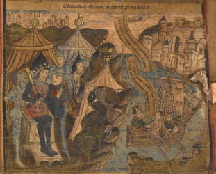 Edward of York yhdessä Earls of Salisburyn ja Warwickin kanssa lähti Calaisiin Ludford Bridgen taistelun jälkeen. Kuningas Henrik VI katselee voitolla, kuvitus teoksesta "Edward IV:n typologinen elämä ja sukututkimus", n. 1460-70 (vellum)