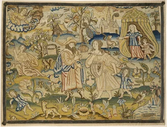 Brodeerattu kuva: Abraham erotti Hagarin, 1600-luvun puoliväli (silkkilangat pellavassa)
