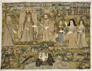 Brodeerattu kuva: "Salomon julistus", 1600-luvun puoliväli