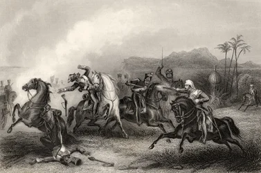 Luutnantti Hillsin ja Sepoyn ratsuväen ruumiin välinen kohtaaminen vuonna 1858 julkaistusta "Intian kapinan historiasta"