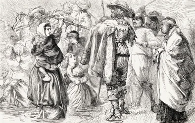 Irlantilaiset katolilaiset hukuttivat englantilaisia protestantteja Irlannin kapinan aikana 1641, noin 1865 (puukaiverrus)