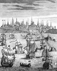Englantilainen laivue ottaa joukkoja haltuunsa Dunkerquen, kirjasta "The History of Queen Anne (1665-1714)", pub. vuonna 1740