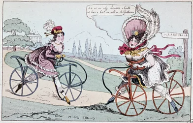 Englantilainen sarjakuva harrastushevosista vuonna 1819 (ensimmäiset polkupyörät) - Baudry de Saulnierin teoksessa "Teoreettinen ja käytännöllinen pyöräily"