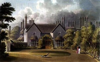 Sisäänkäynti Hänen Majesteettinsa mökin edestä, Windsor Great Parkissa, R. Ackermannin (1764-1834) "taidevarastosta"