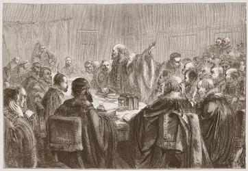 Episcopius puhuu Dortin synodin jäsenille, esimerkki James Aitken Wylien (1808-1890) teoksesta The History of Protestantism, pub. 1878