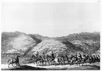 De Mistin johtama tutkimusmatka sisämaahan Hinrich Lichtensteinin matkasta Etelä-Afrikassa, kaiverrus George Corbould, 1812