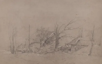 Maatilarakennukset joen rannalla, n. 1840