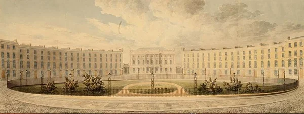 Finsbury Circus pohjoiseen kohti Lontoon laitosta, noin 1820 (vesiväri paperille).