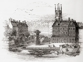 Fleet Ditch, Lontoo, Englanti vuonna 1749 paikassa, jossa se törmäsi Thamesiin Bridewellissä, Vanhasta Englannista: Kuvamuseo, pubi. 1847