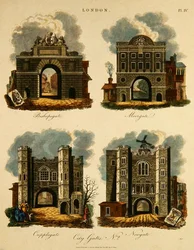 Neljä kaupunginporttia: Bishopsgate, Moorgate, Cripplegate ja Newgate, kaivertanut J. Pass, julkaissut G. Jones