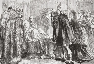 Francis I kuolinvuoteella, kuvitus James Aitken Wylien (1808-1890) teoksesta The History of Protestantism, pub. 1878