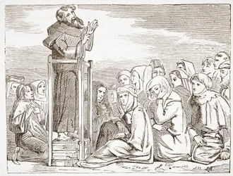 Veli saarnaa siirrettävältä saarnatuolilta, kuvitus James Aitken Wylien (1808-1890) Protestantismin historiasta, pub. 1878