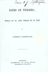 Frontispiece Florence Nightingalesille Huomautuksia hoitotyöstä: Mitä se on ja mitä se ei ole, julkaistu vuonna 1860